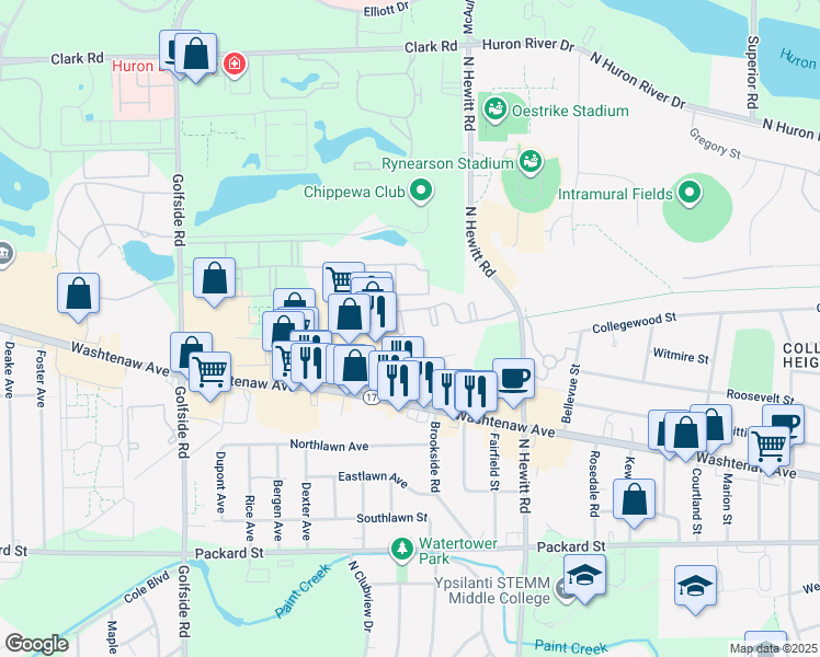 map of restaurants, bars, coffee shops, grocery stores, and more near 2568 Eagles Circle in Ypsilanti