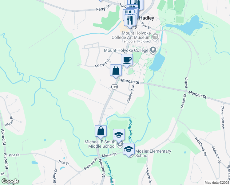 map of restaurants, bars, coffee shops, grocery stores, and more near 92 College Street in South Hadley