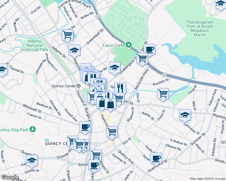 map of restaurants, bars, coffee shops, grocery stores, and more near 40 Washington Street in Quincy