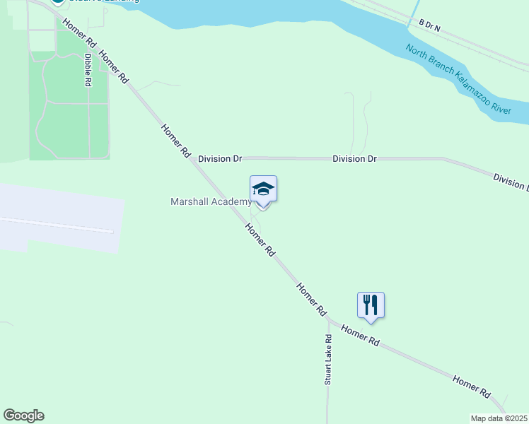map of restaurants, bars, coffee shops, grocery stores, and more near 18203 Homer Road in Marshall