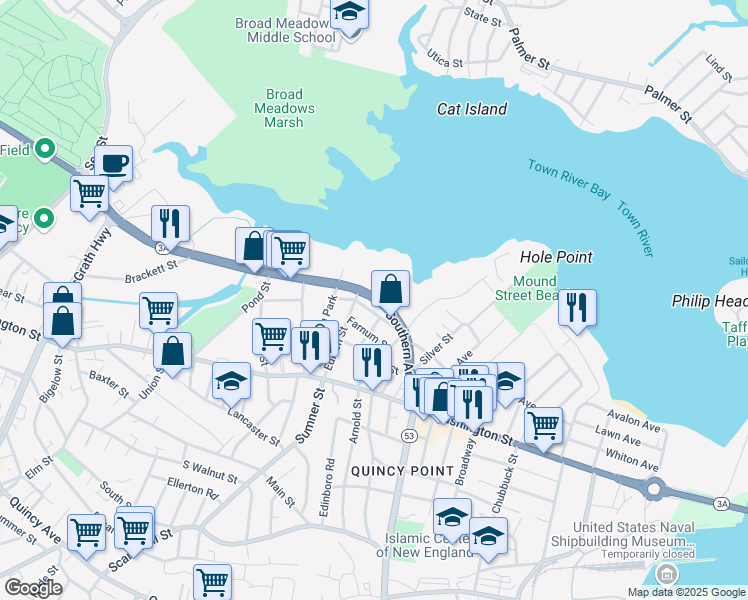 map of restaurants, bars, coffee shops, grocery stores, and more near 728 Massachusetts 3A in Quincy