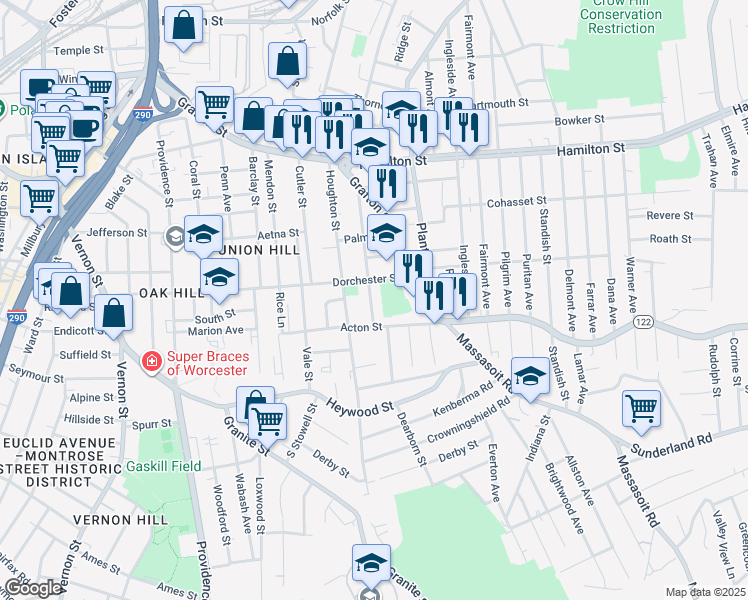 map of restaurants, bars, coffee shops, grocery stores, and more near 89 Arthur Street in Worcester