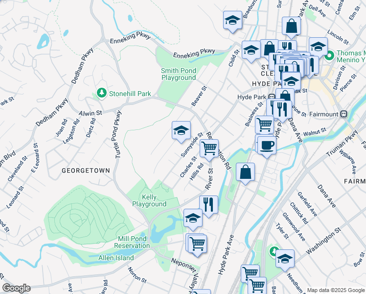 map of restaurants, bars, coffee shops, grocery stores, and more near 35 Sunnyside Street in Boston