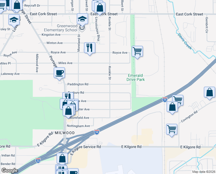 map of restaurants, bars, coffee shops, grocery stores, and more near 2025 Paddington Road in Kalamazoo