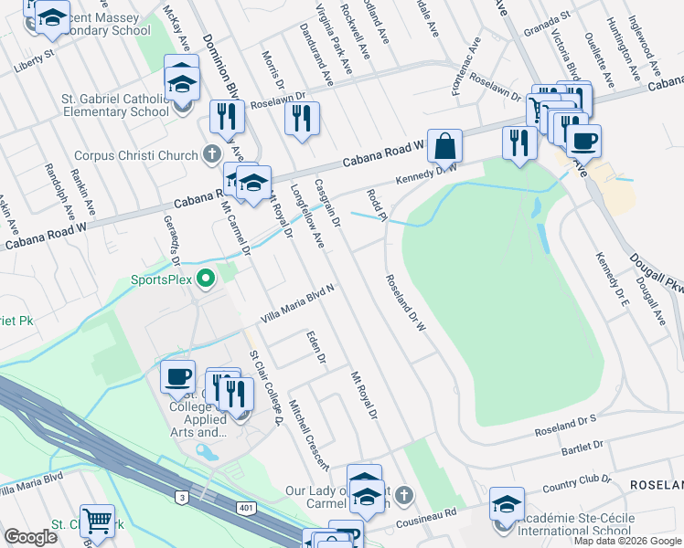 map of restaurants, bars, coffee shops, grocery stores, and more near 3984 Casgrain Drive in Windsor