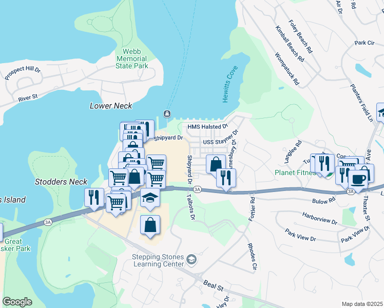 map of restaurants, bars, coffee shops, grocery stores, and more near 146 Shipyard Drive in Hingham