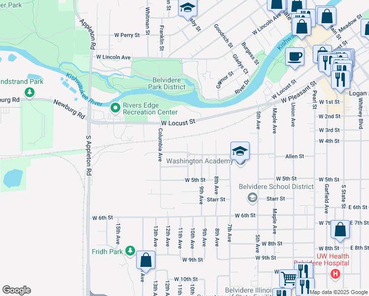 map of restaurants, bars, coffee shops, grocery stores, and more near 1103 Allen Street in Belvidere