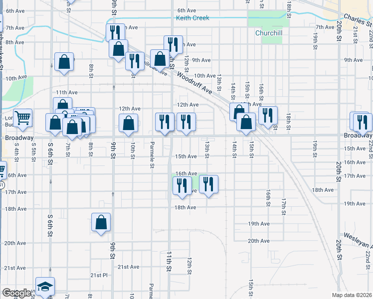 map of restaurants, bars, coffee shops, grocery stores, and more near 1525 12th Street in Rockford