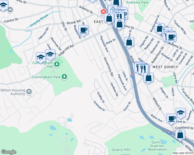 map of restaurants, bars, coffee shops, grocery stores, and more near 4 Shawmut Street in Quincy