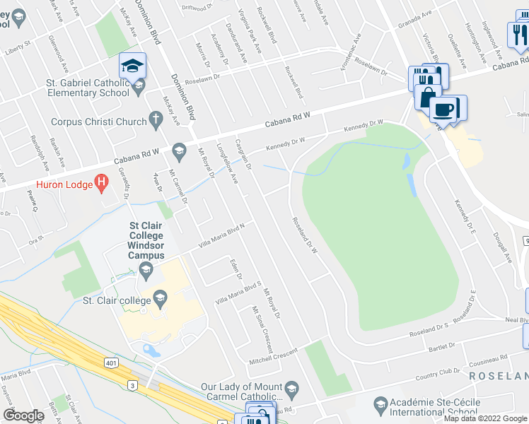 map of restaurants, bars, coffee shops, grocery stores, and more near 4001 Casgrain Drive in Windsor