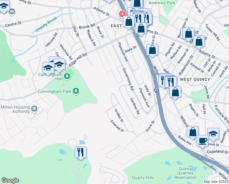 map of restaurants, bars, coffee shops, grocery stores, and more near 4 Shawmut Street in Quincy
