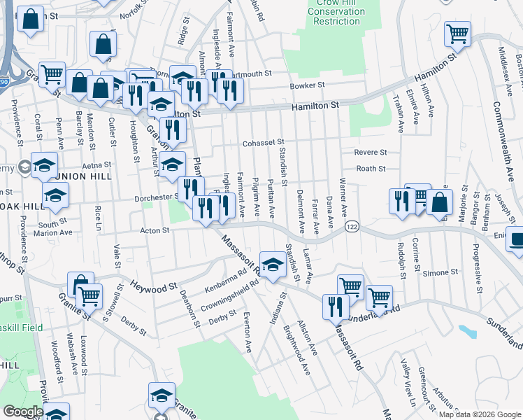 map of restaurants, bars, coffee shops, grocery stores, and more near 197 Pilgrim Avenue in Worcester