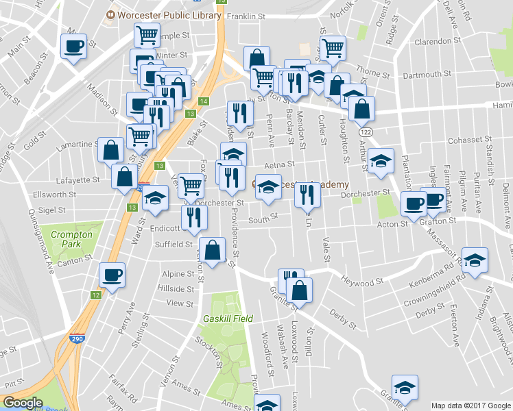 map of restaurants, bars, coffee shops, grocery stores, and more near 82 Dorchester Street in Worcester