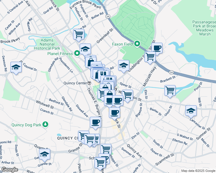 map of restaurants, bars, coffee shops, grocery stores, and more near in Quincy