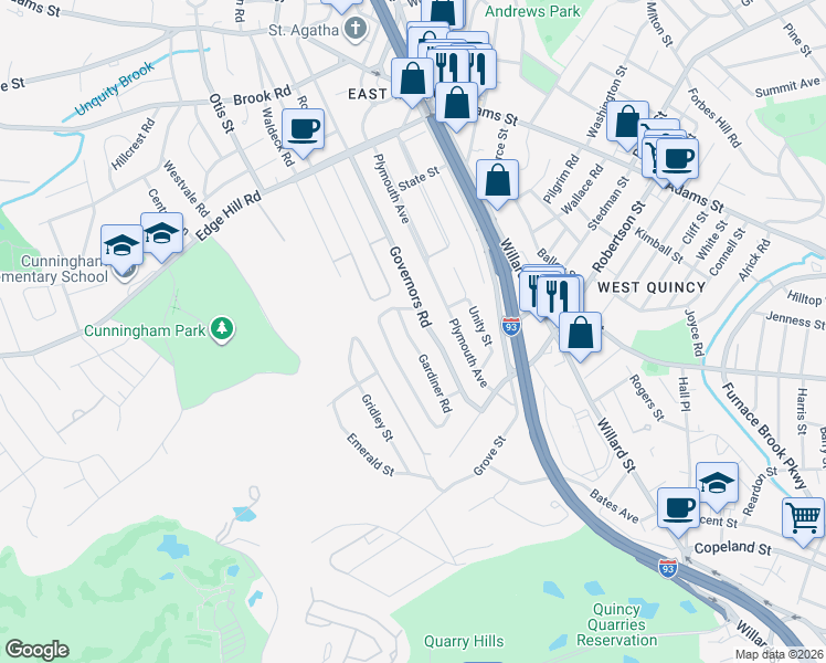 map of restaurants, bars, coffee shops, grocery stores, and more near 170 Governors Road in Quincy