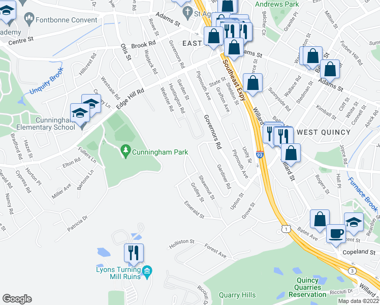 map of restaurants, bars, coffee shops, grocery stores, and more near 4 Shawmut Street in Quincy