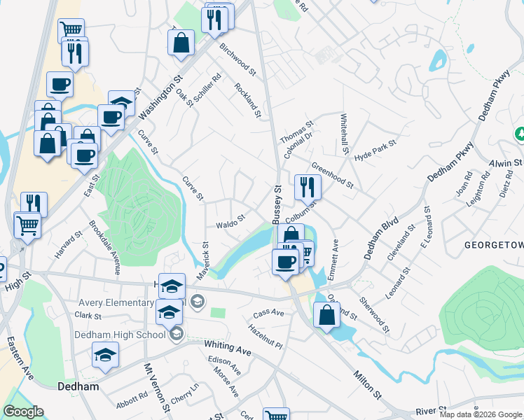 map of restaurants, bars, coffee shops, grocery stores, and more near 43 Curve Street in Dedham