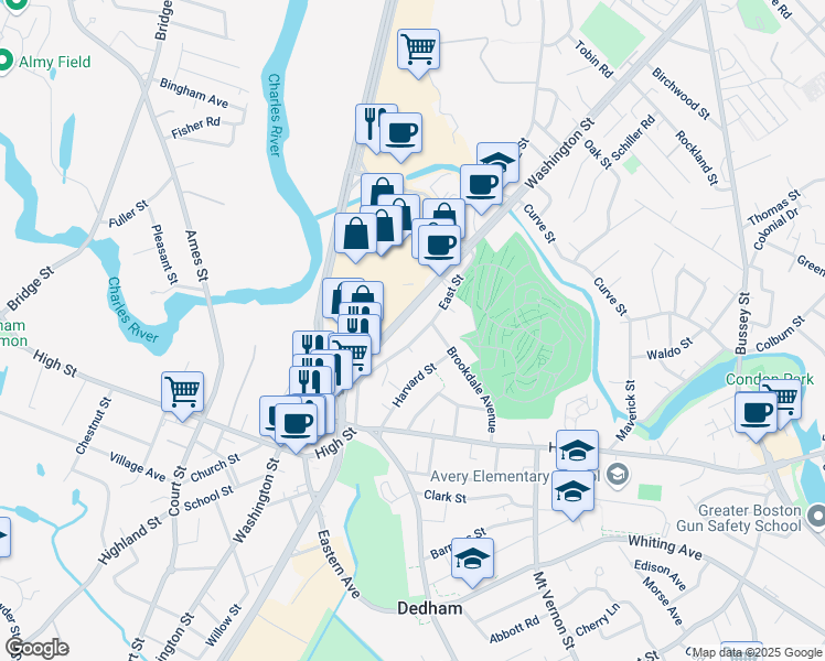 map of restaurants, bars, coffee shops, grocery stores, and more near in Dedham
