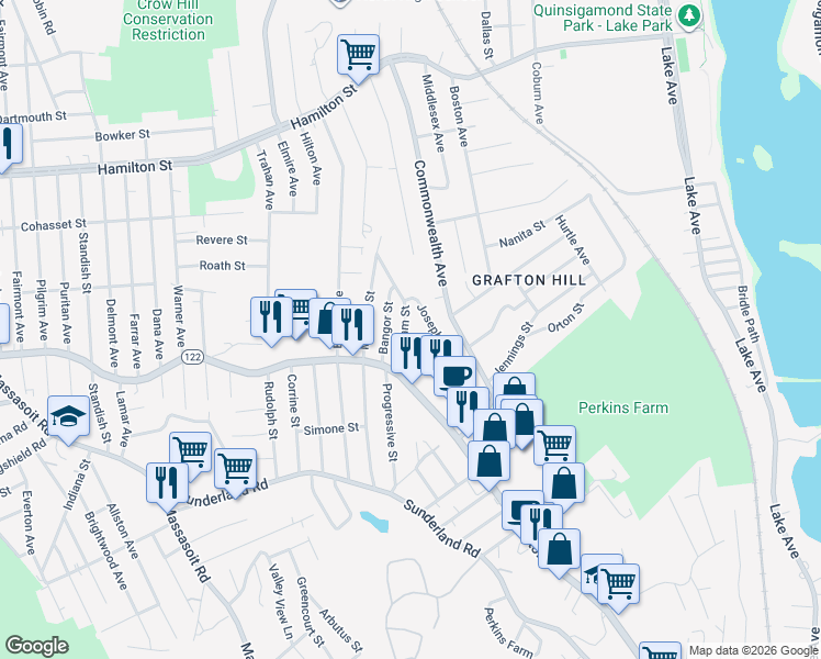 map of restaurants, bars, coffee shops, grocery stores, and more near 18 Bangor Street in Worcester