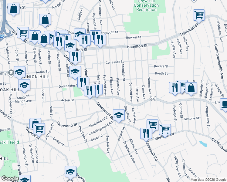 map of restaurants, bars, coffee shops, grocery stores, and more near 197 Pilgrim Avenue in Worcester