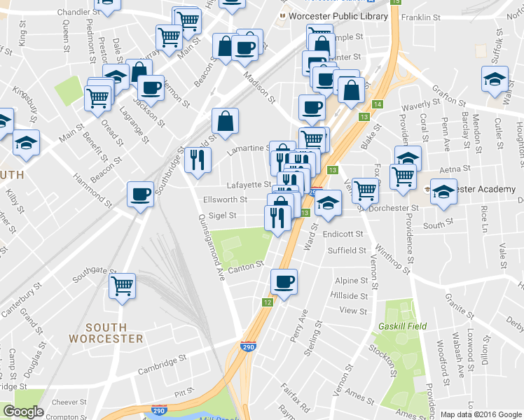map of restaurants, bars, coffee shops, grocery stores, and more near 31 Ellsworth Street in Worcester