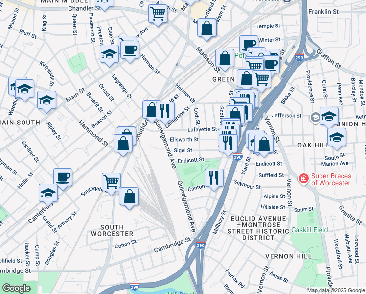 map of restaurants, bars, coffee shops, grocery stores, and more near 51 Ellsworth Street in Worcester