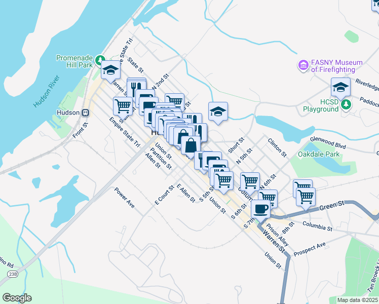 map of restaurants, bars, coffee shops, grocery stores, and more near 348 Warren Street in Hudson