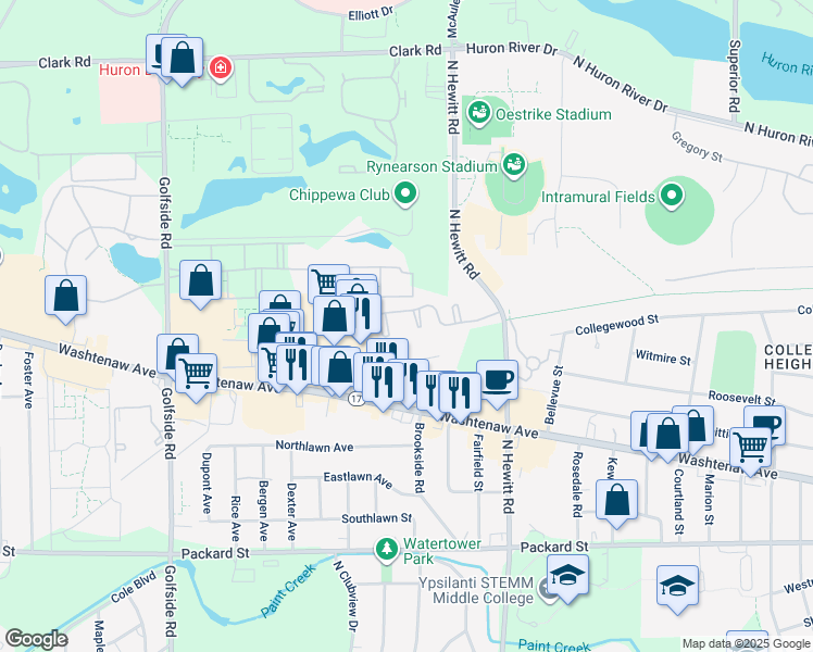 map of restaurants, bars, coffee shops, grocery stores, and more near 2568 Eagles Circle in Ypsilanti
