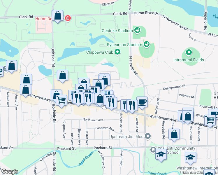 map of restaurants, bars, coffee shops, grocery stores, and more near 2592 Eagles Circle in Ypsilanti
