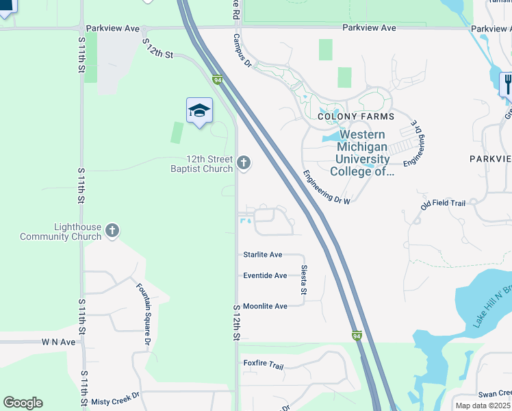 map of restaurants, bars, coffee shops, grocery stores, and more near Horton Drive in Kalamazoo