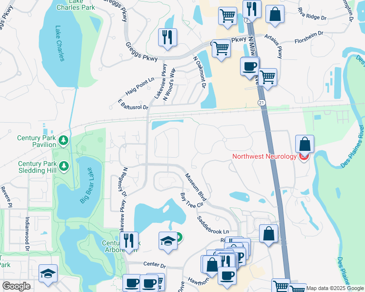 map of restaurants, bars, coffee shops, grocery stores, and more near 456 Pine Lake Circle in Vernon Hills