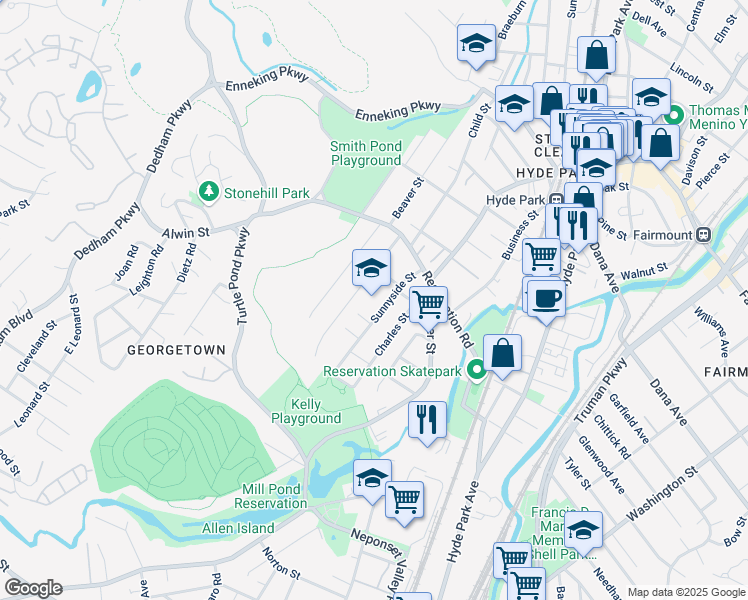 map of restaurants, bars, coffee shops, grocery stores, and more near 35 Sunnyside Street in Boston