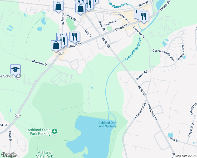 map of restaurants, bars, coffee shops, grocery stores, and more near 66 Metropolitan Avenue in Ashland