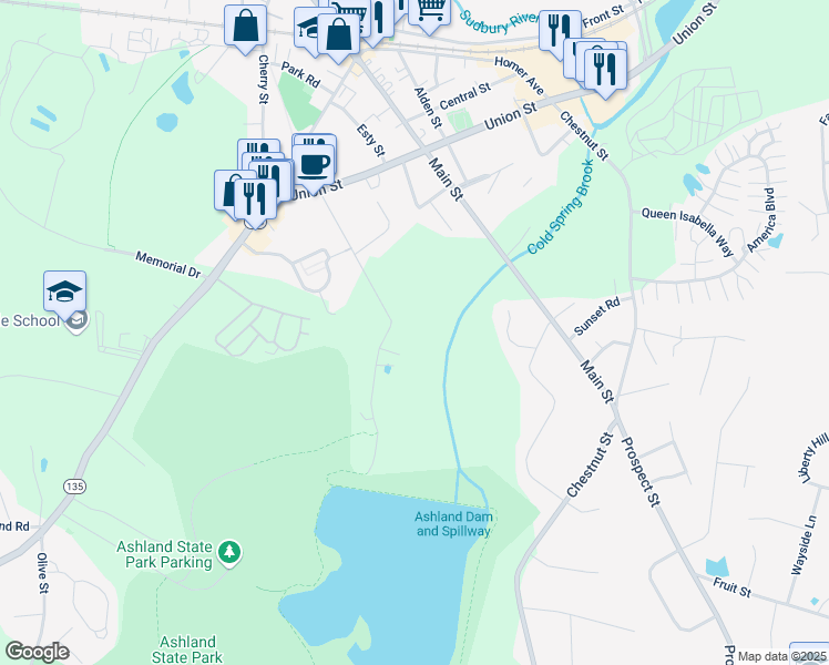 map of restaurants, bars, coffee shops, grocery stores, and more near 66 Metropolitan Avenue in Ashland
