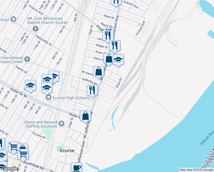 map of restaurants, bars, coffee shops, grocery stores, and more near 24 East Alexis Avenue in Ecorse