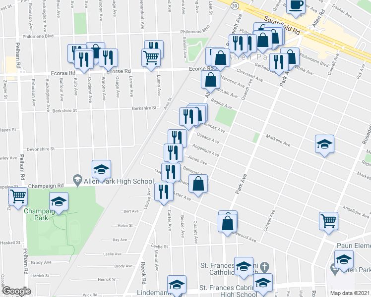 map of restaurants, bars, coffee shops, grocery stores, and more near Allen Rd in Allen Park