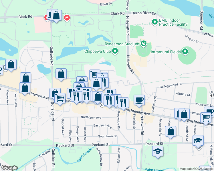 map of restaurants, bars, coffee shops, grocery stores, and more near 2592 Eagles Circle in Ypsilanti