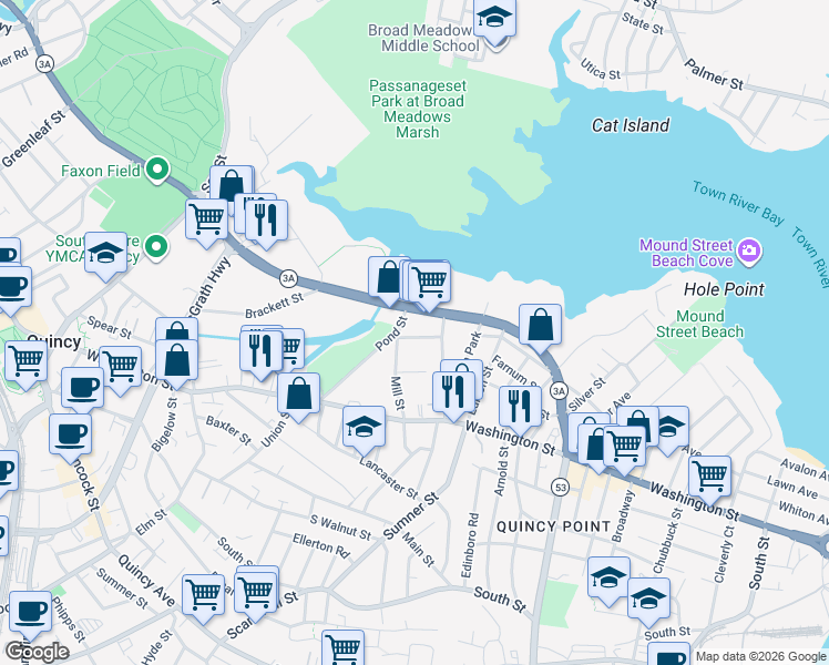 map of restaurants, bars, coffee shops, grocery stores, and more near 625 Southern Artery in Quincy