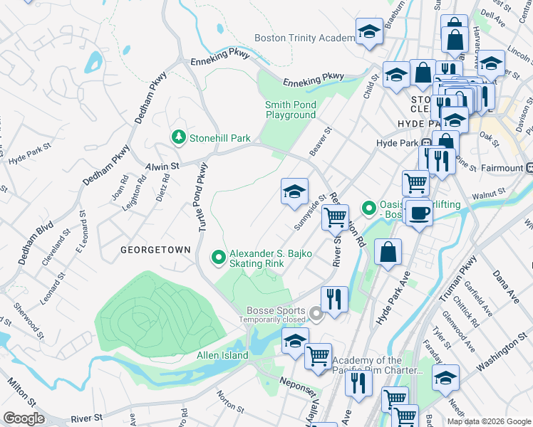 map of restaurants, bars, coffee shops, grocery stores, and more near 53 Thompson Street in Boston