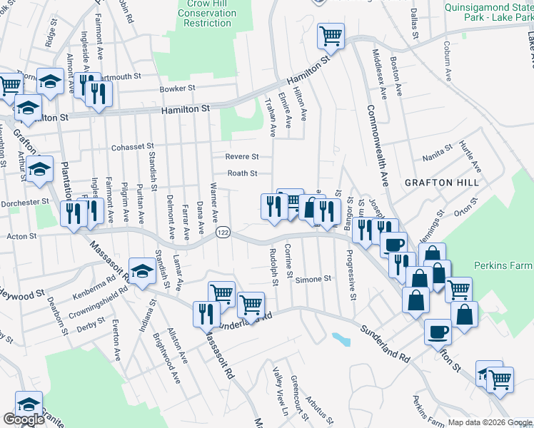 map of restaurants, bars, coffee shops, grocery stores, and more near 16 Emile Street in Worcester