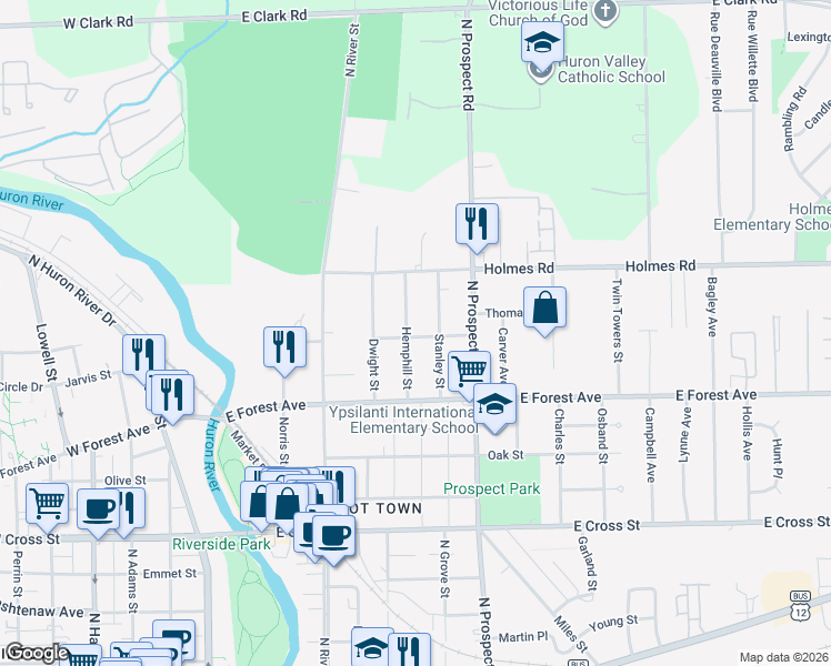 map of restaurants, bars, coffee shops, grocery stores, and more near 807 Hemphill Street in Ypsilanti