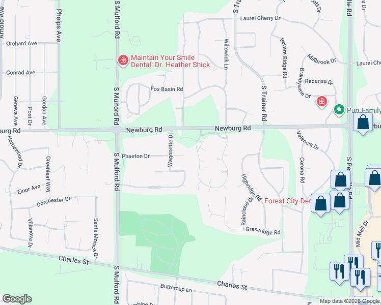 map of restaurants, bars, coffee shops, grocery stores, and more near 6286 Phaeton Drive in Rockford