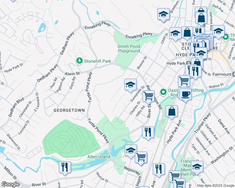 map of restaurants, bars, coffee shops, grocery stores, and more near 54 Dedham Street in Boston