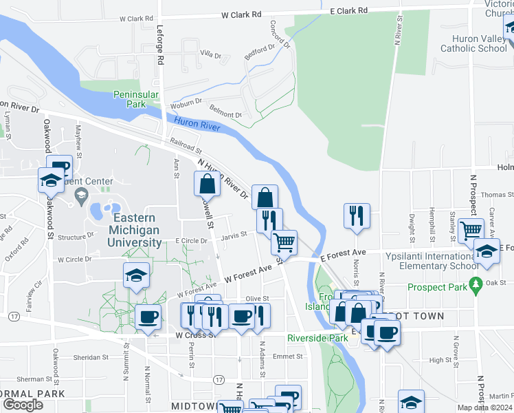 map of restaurants, bars, coffee shops, grocery stores, and more near Huron River Drive in Ypsilanti