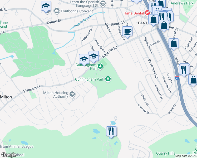 map of restaurants, bars, coffee shops, grocery stores, and more near 75 Edge Hill Road in Milton