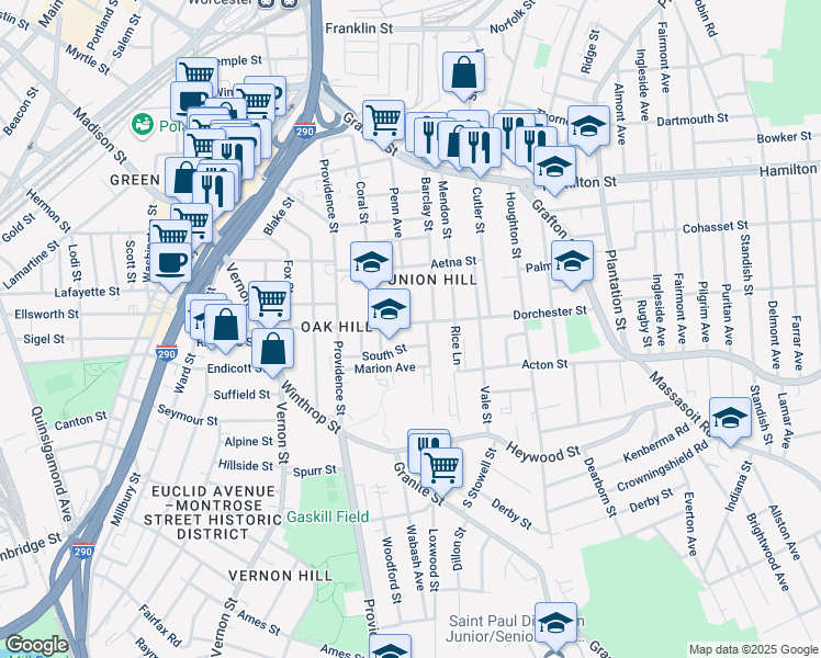 map of restaurants, bars, coffee shops, grocery stores, and more near 96 Dorchester Street in Worcester