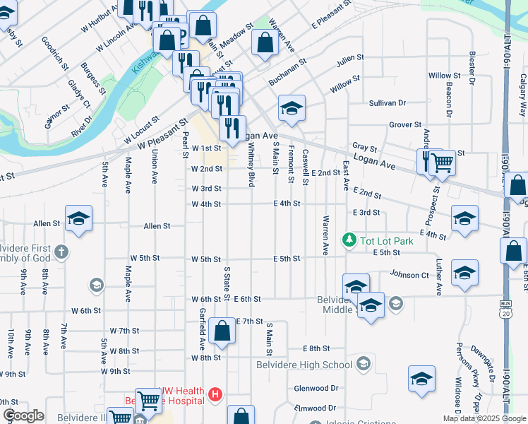 map of restaurants, bars, coffee shops, grocery stores, and more near 900 Whitney Boulevard in Belvidere