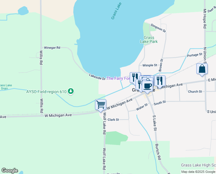map of restaurants, bars, coffee shops, grocery stores, and more near 373 Lakeside Drive in Grass Lake Charter Township