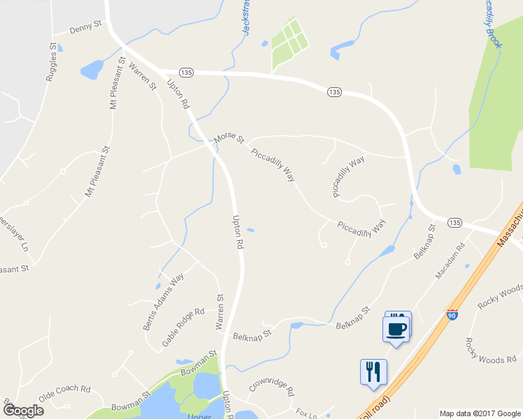map of restaurants, bars, coffee shops, grocery stores, and more near 34 Upton Road in Westborough
