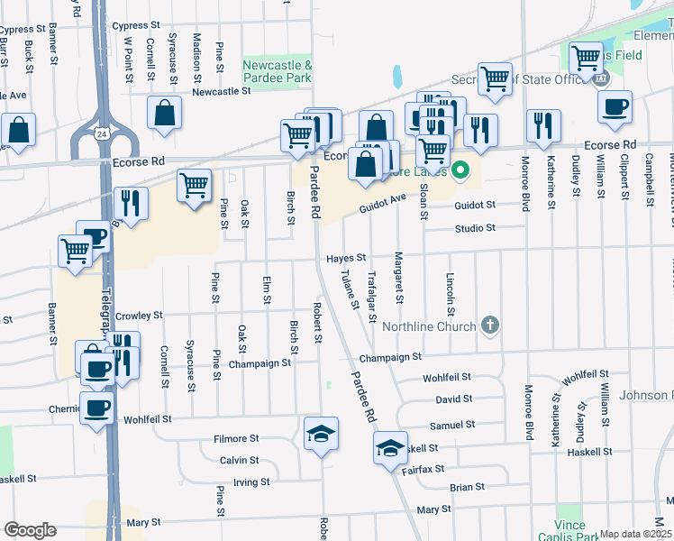 map of restaurants, bars, coffee shops, grocery stores, and more near 7806 Tulane Street in Taylor
